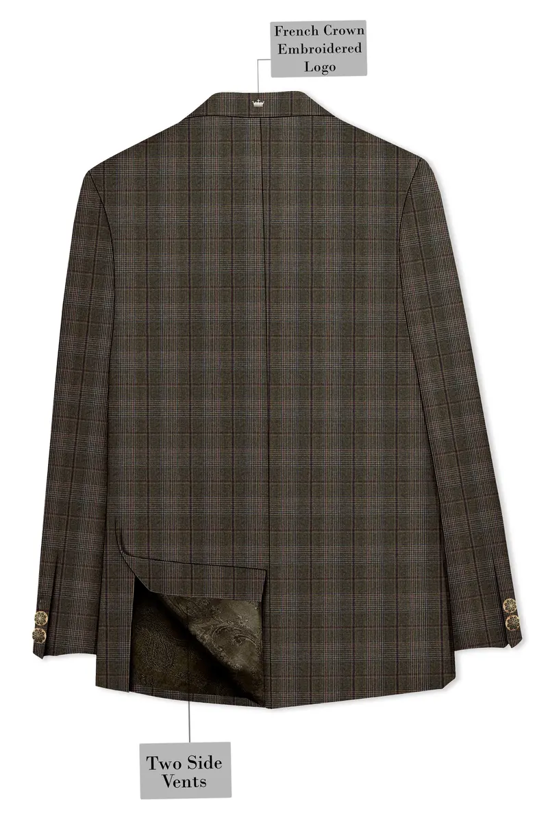 Fuscous Green And Bistre Brown Plaid Wool Rich Cross Placket Bandhgala Suit 8
