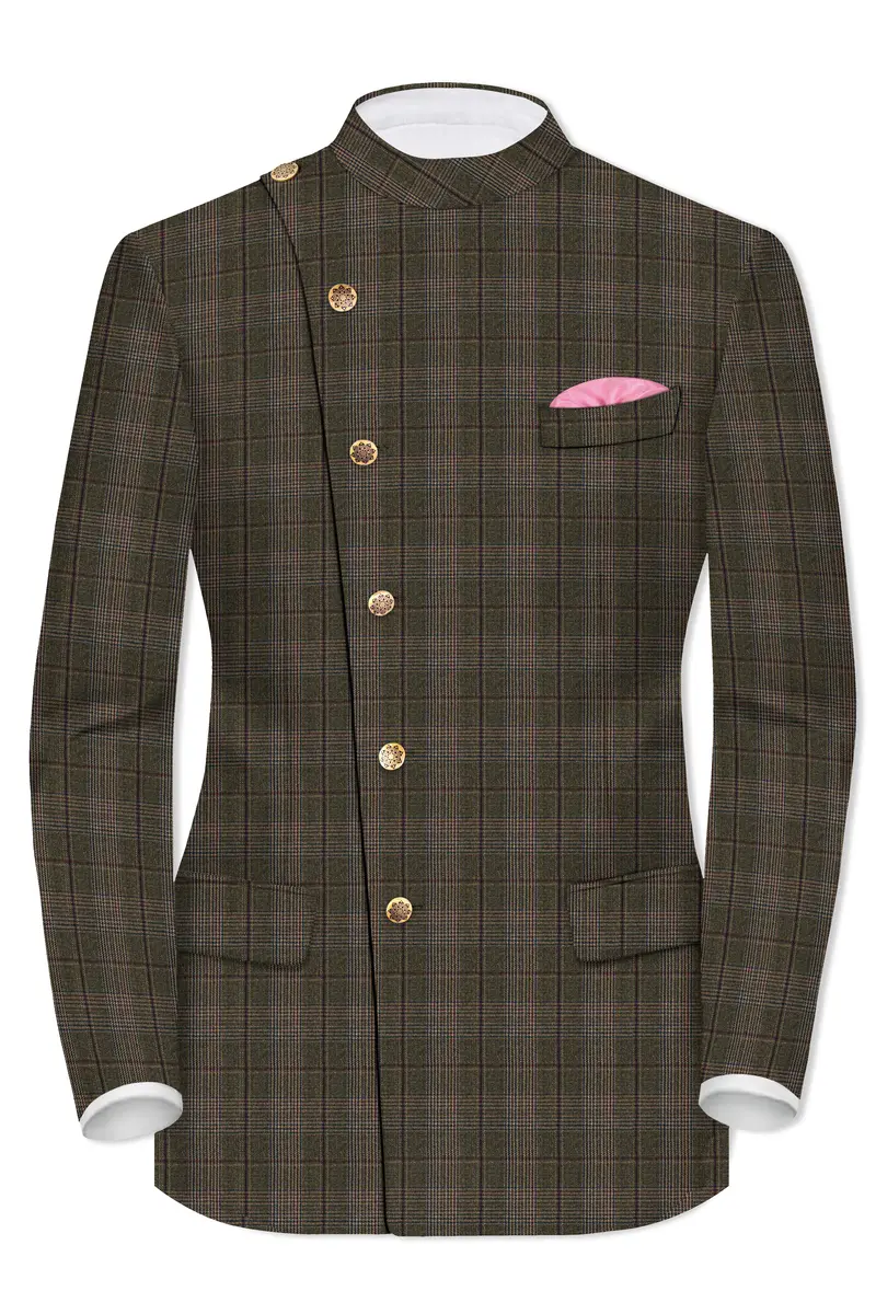 Fuscous Green And Bistre Brown Plaid Wool Rich Cross Placket Bandhgala Suit 9