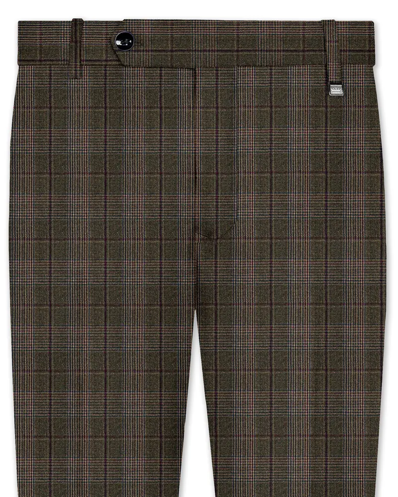 Fuscous Green And Bistre Brown Plaid Wool Rich Stretchable Pant 1