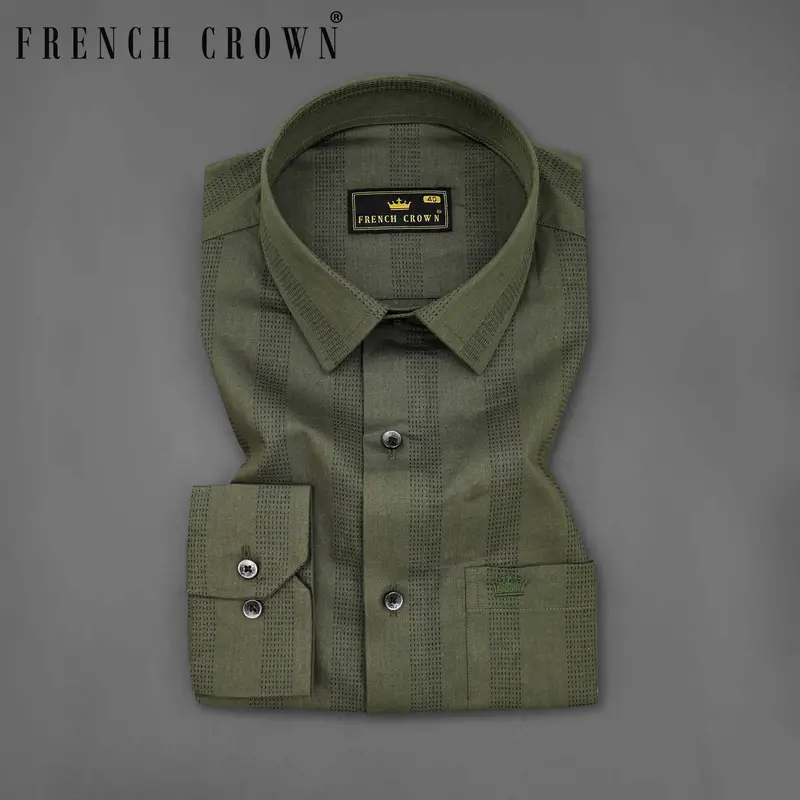 Fuscous Green And Black Striped Dobby Textured Giza Cotton Shirt 1