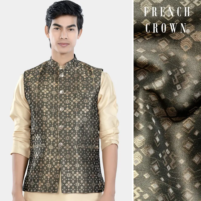 Fuscous Green And Mongoose Brown Floral Jacquard Textured Designer Nehru Jacket 1
