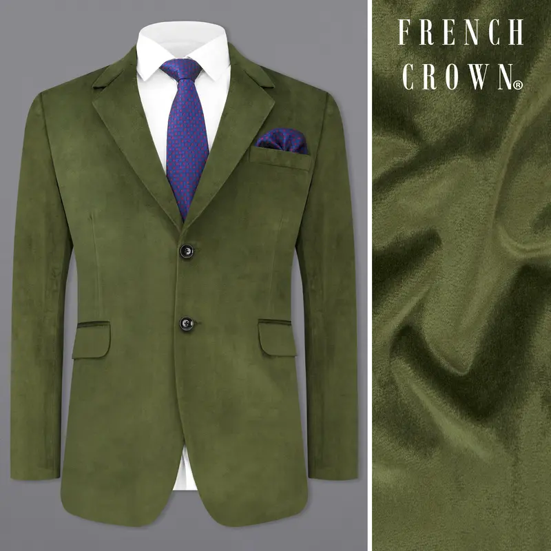 Fuscous Green Single Breasted Velvet Designer Blazer 1