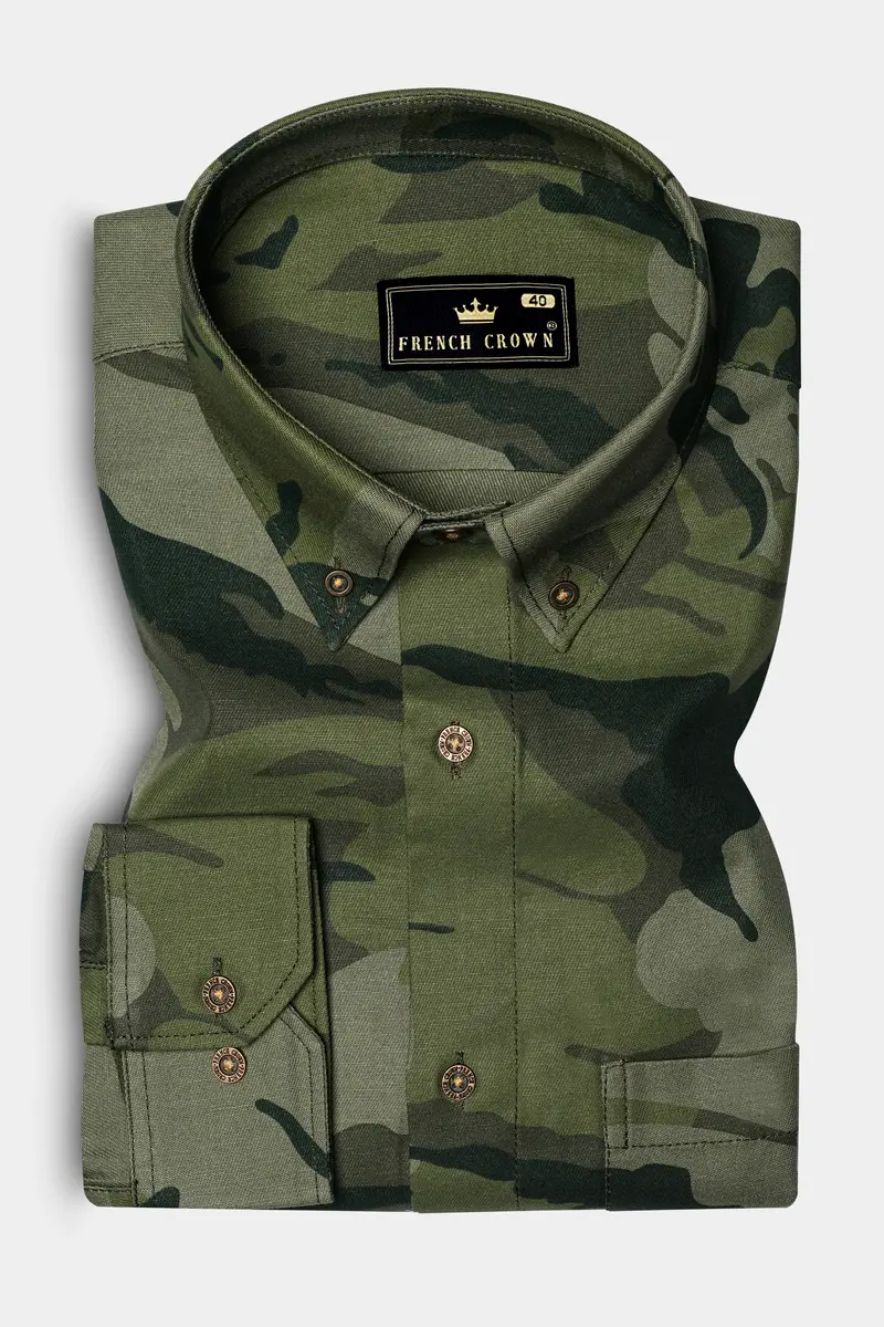 Fuscous Green With Birch Dark Green Camouflage Printed Royal Oxford Shirt 4