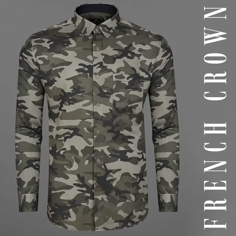 Fuscous Green With Mirage Black Camouflage Military Printed Premium Tencel Designer Shirt 1
