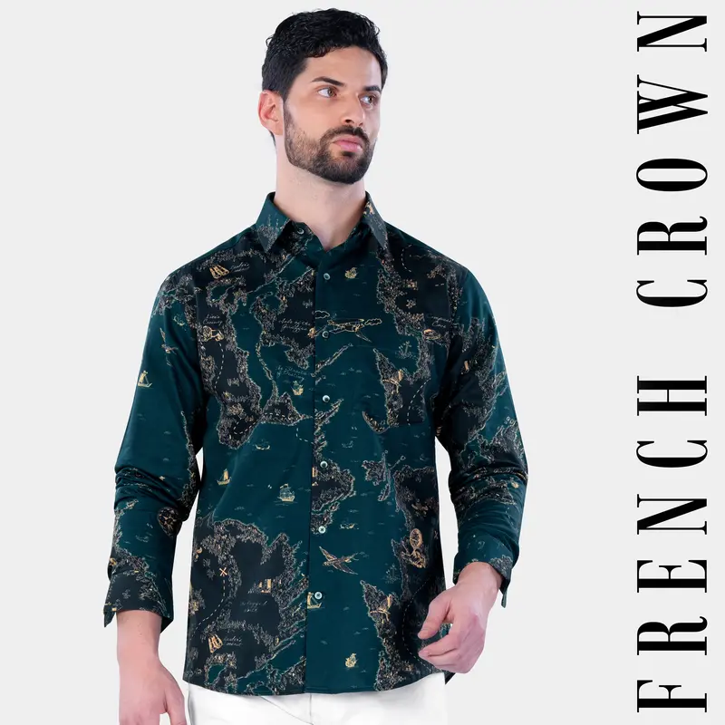 Gable Green Map Printed Subtle Sheen Super Soft Premium Cotton Designer Shirt 1