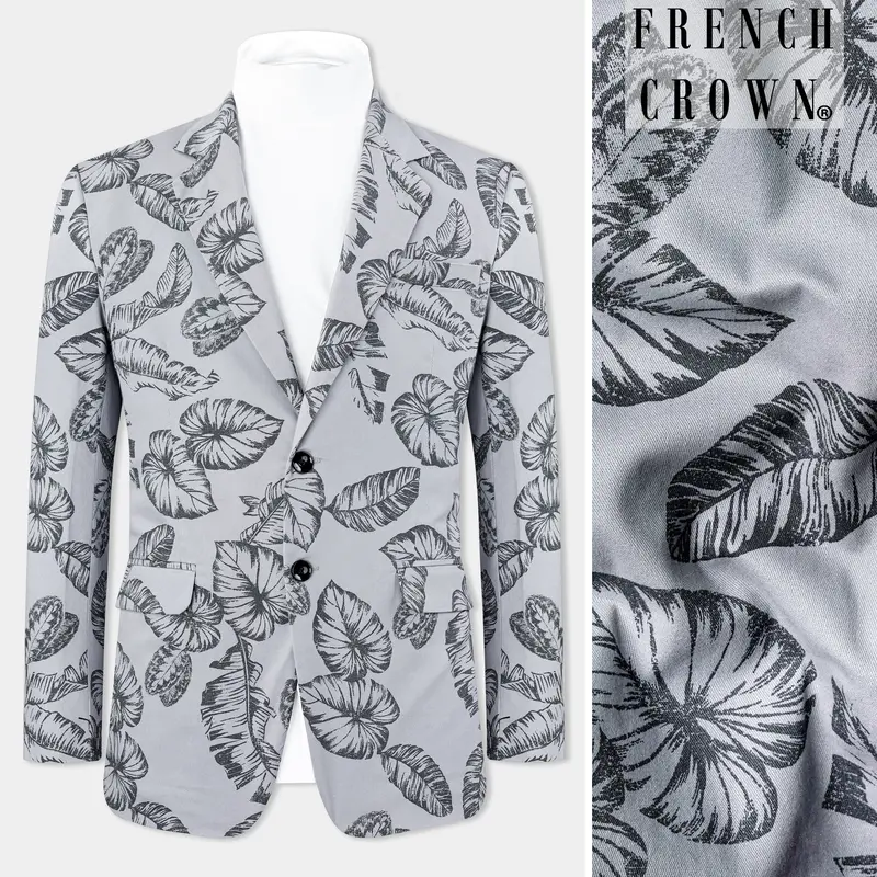 Gainsboro And Comet Gray Leaves Printed Premium Cotton Blazer 1
