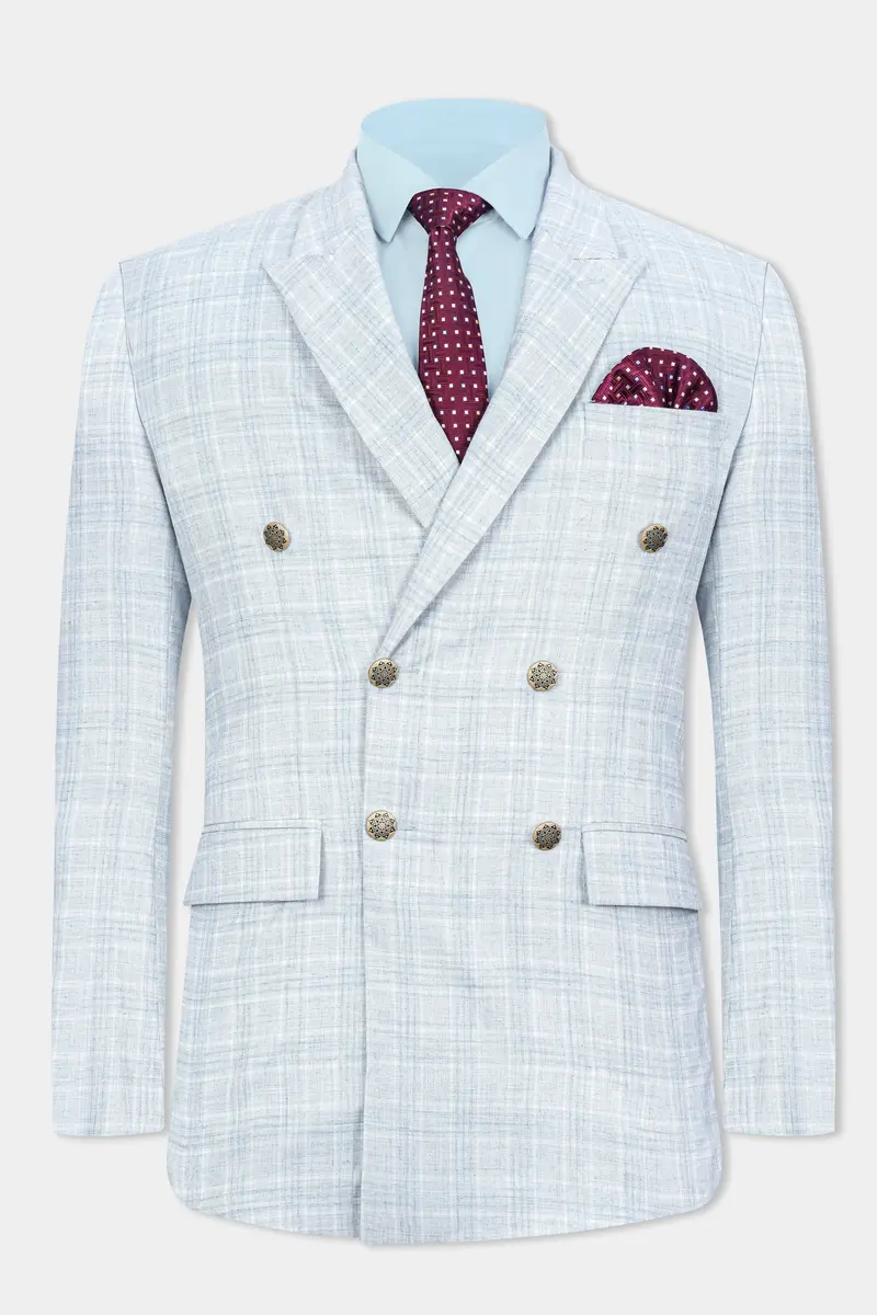 Gainsboro Blue Plaid Wool Rich Double Breasted Blazer 2