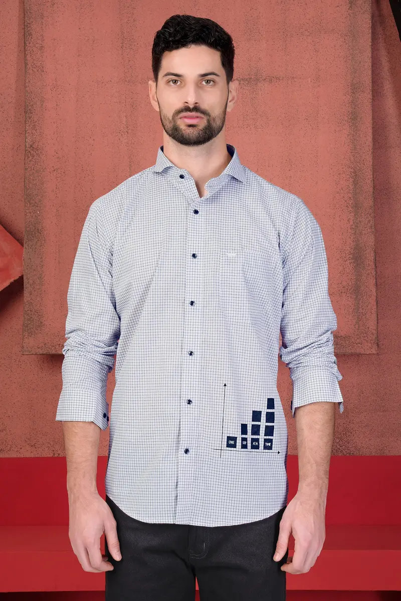Gainsboro Gray And Black Gingham Checkered With Graph Hand Painted Premium Cotton Designer Shirt 6