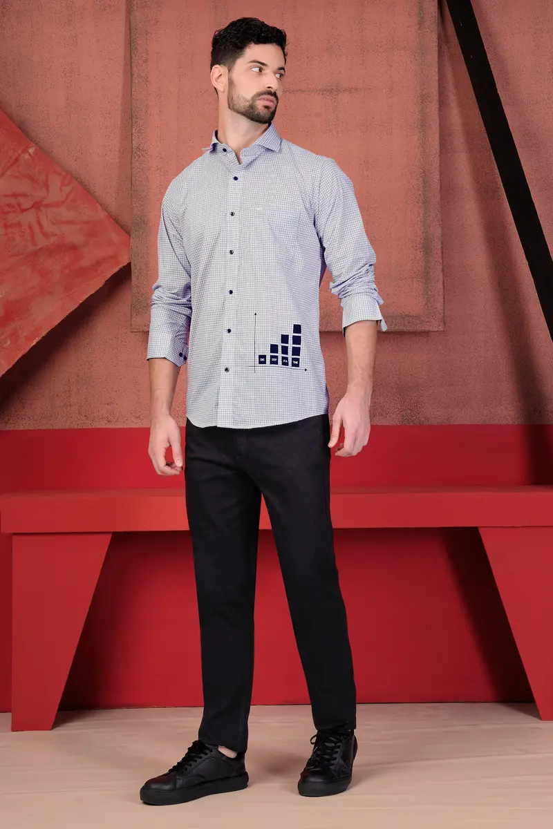 Gainsboro Gray And Black Gingham Checkered With Graph Hand Painted Premium Cotton Designer Shirt 7