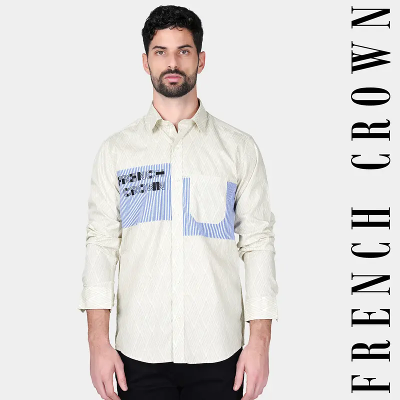 Gainsboro Gray And Glaucous Blue Striped French Crown Embroidered Premium Cotton Designer Shirt 1