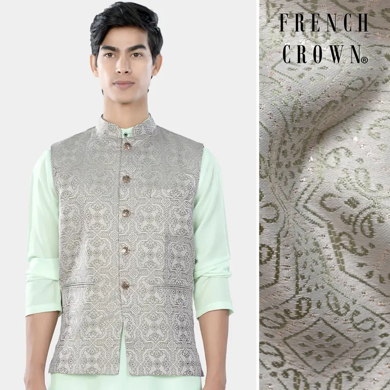 Gainsboro Gray And Sage Green Geometric Jacquard Textured Designer Nehru Jacket 1