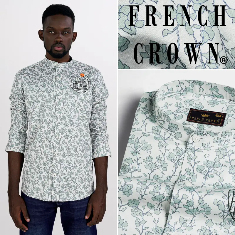 Gainsboro Gray And Tiara Green Leaves Printed With Taj Mahal Embroidered Super Soft Premium Cotton Designer Shirt 1