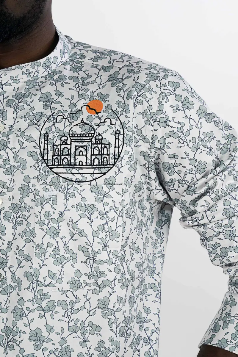 Gainsboro Gray And Tiara Green Leaves Printed With Taj Mahal Embroidered Super Soft Premium Cotton Designer Shirt 2