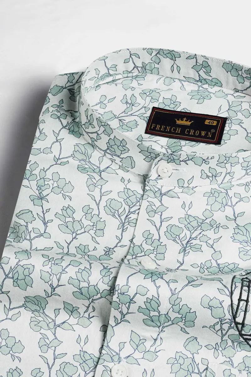 Gainsboro Gray And Tiara Green Leaves Printed With Taj Mahal Embroidered Super Soft Premium Cotton Designer Shirt 4