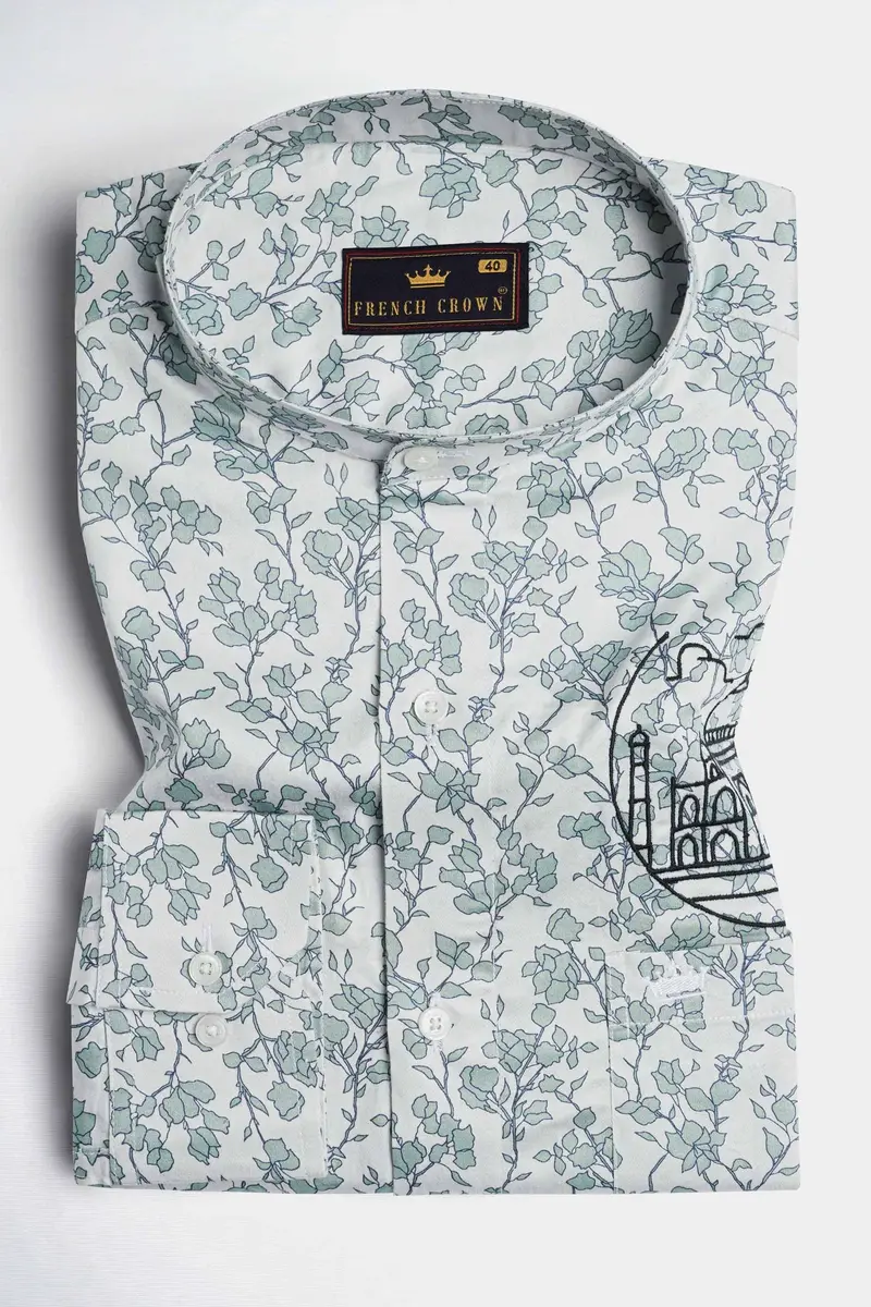 Gainsboro Gray And Tiara Green Leaves Printed With Taj Mahal Embroidered Super Soft Premium Cotton Designer Shirt 5