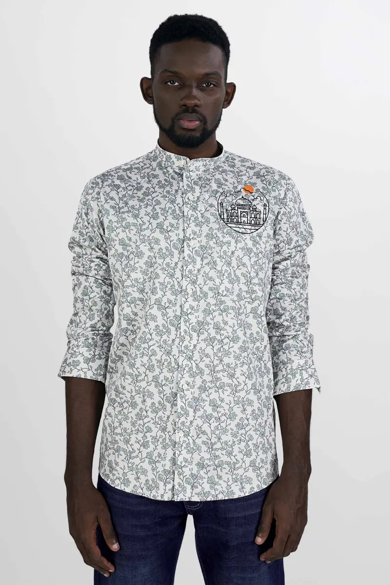 Gainsboro Gray And Tiara Green Leaves Printed With Taj Mahal Embroidered Super Soft Premium Cotton Designer Shirt 6