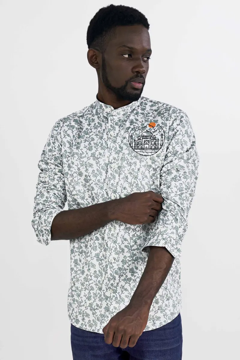 Gainsboro Gray And Tiara Green Leaves Printed With Taj Mahal Embroidered Super Soft Premium Cotton Designer Shirt 7