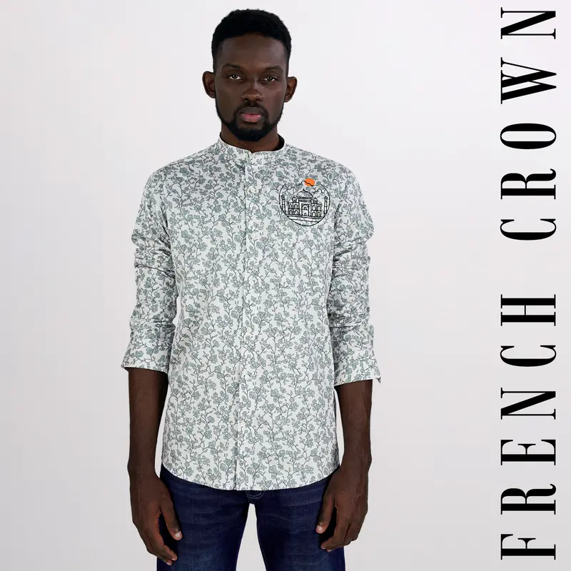 Gainsboro Gray And Tiara Green Leaves Printed With Taj Mahal Embroidered Super Soft Premium Cotton Designer Shirt 9