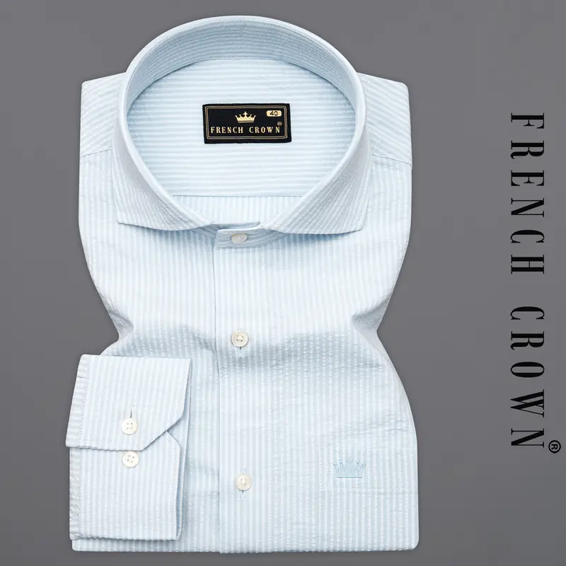 Gainsboro Gray And White Pinstriped Seersucker Premium Giza Cotton Shirt 7