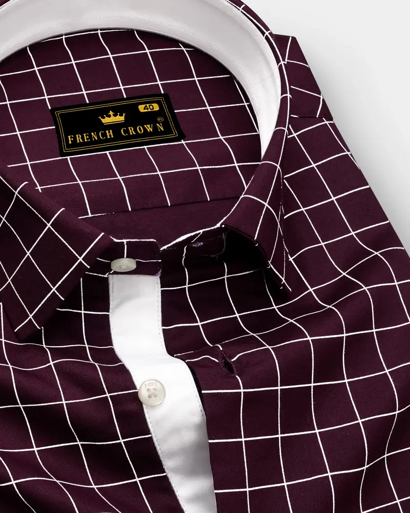 Garnet-Tamarind Maroon And Bright White Windowpane Subtle Sheen Soft Premium Cotton Dress Shirt 1