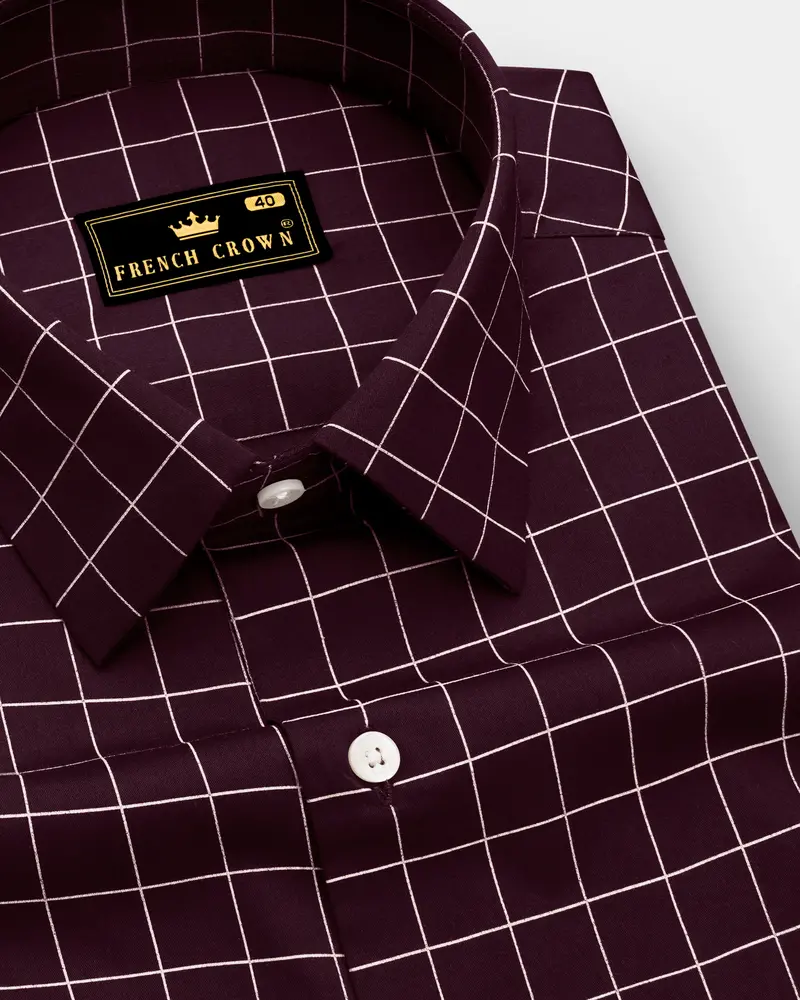 Garnet-Tamarind Maroon And Bright White Windowpane Subtle Sheen Super Soft Premium Cotton Dress Shirt 1
