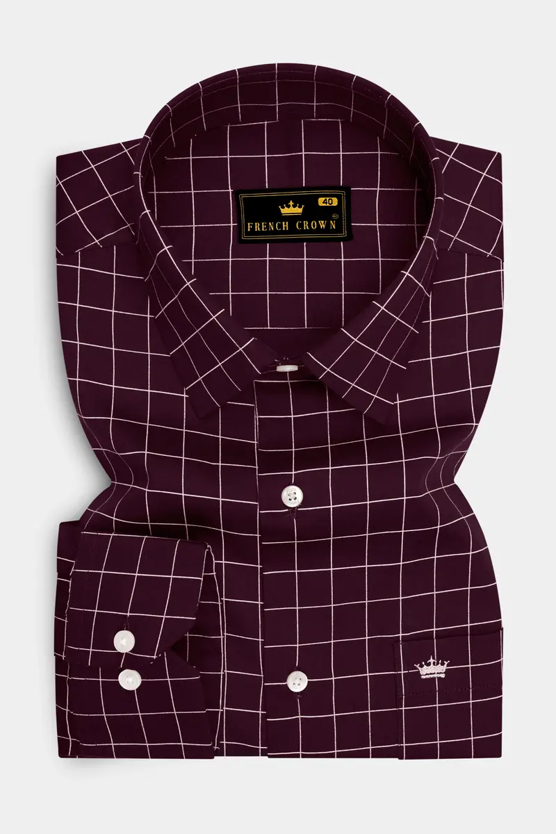 Garnet-Tamarind Maroon And Bright White Windowpane Subtle Sheen Super Soft Premium Cotton Dress Shirt 4