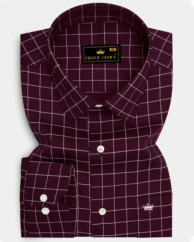 Garnet-Tamarind Maroon And Bright White Windowpane Subtle Sheen Super Soft Premium Cotton Dress Shirt 6