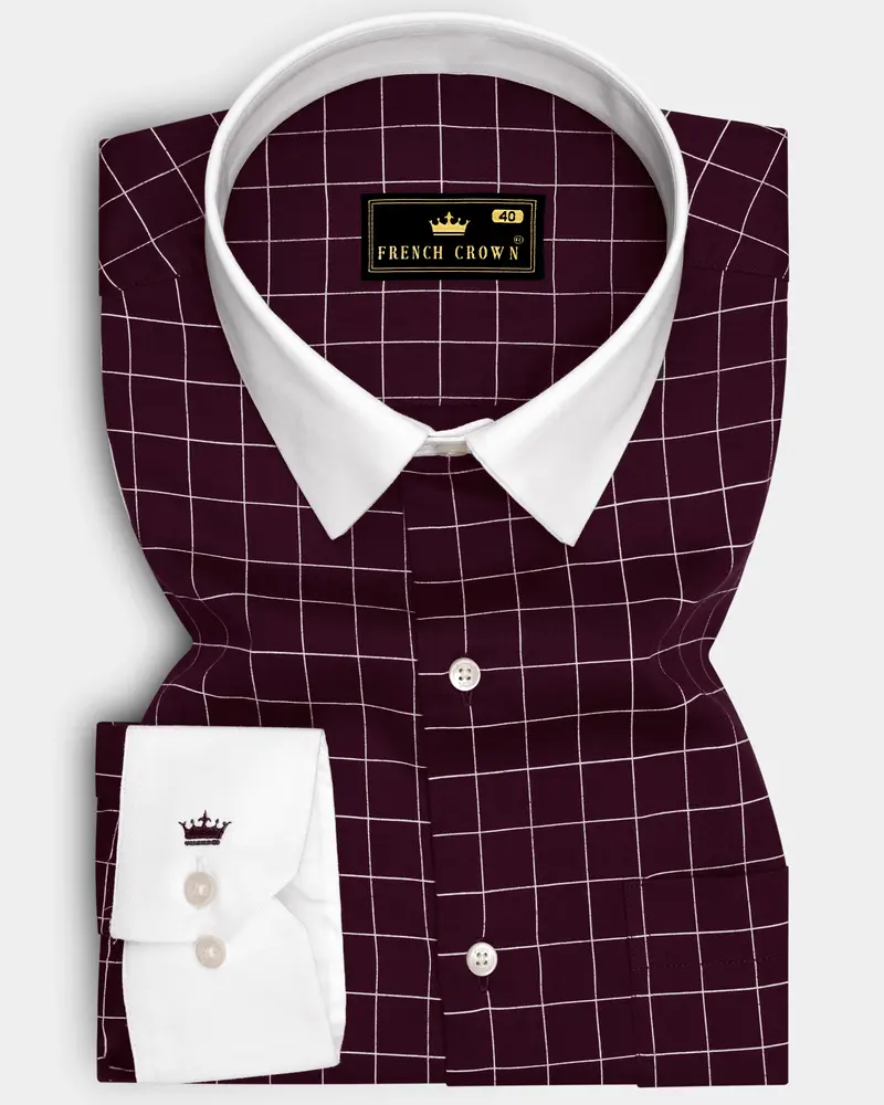 Garnet-Tamarind Maroon And Bright White Windowpane Subtle Sheen Super Soft Premium Cotton Dress White Cuff Collar Shirt 1