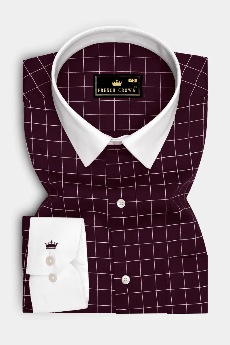 Garnet-Tamarind Maroon And Bright White Windowpane Subtle Sheen Super Soft Premium Cotton Dress White Cuff Collar Shirt 2