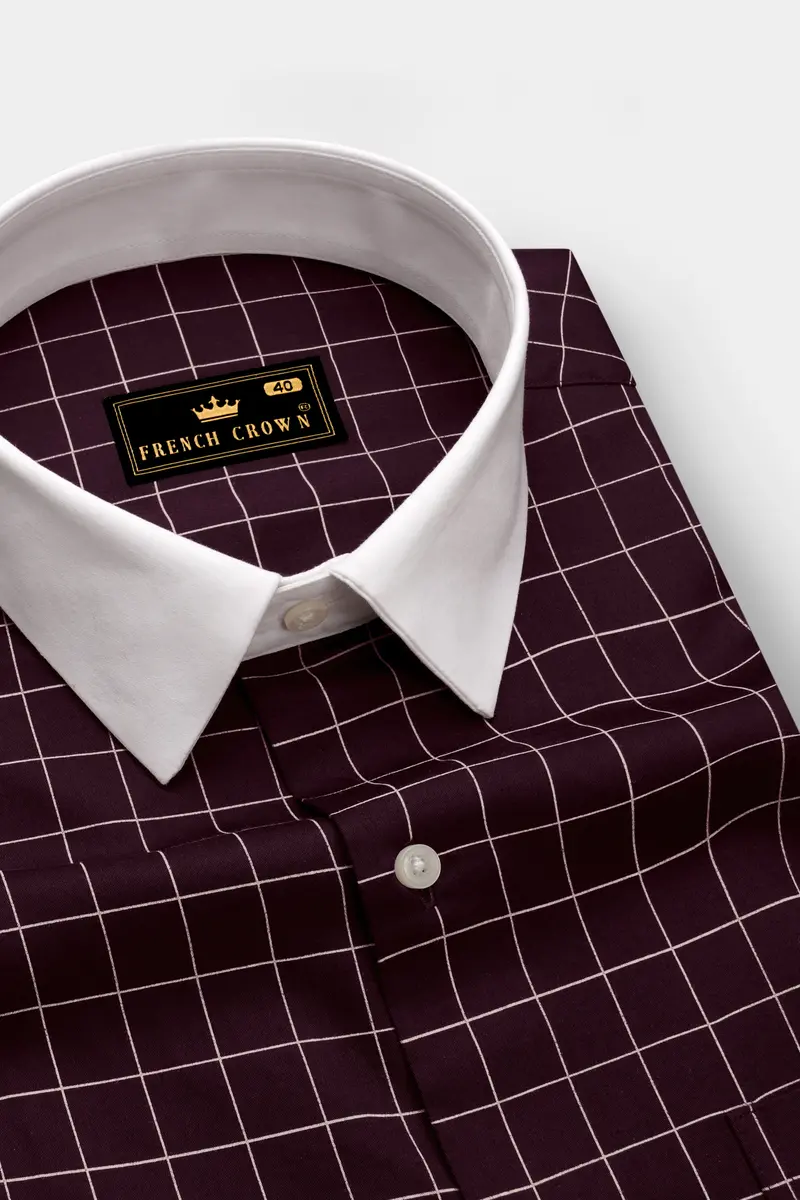 Garnet-Tamarind Maroon And Bright White Windowpane Subtle Sheen Super Soft Premium Cotton Dress White Cuff Collar Shirt 4