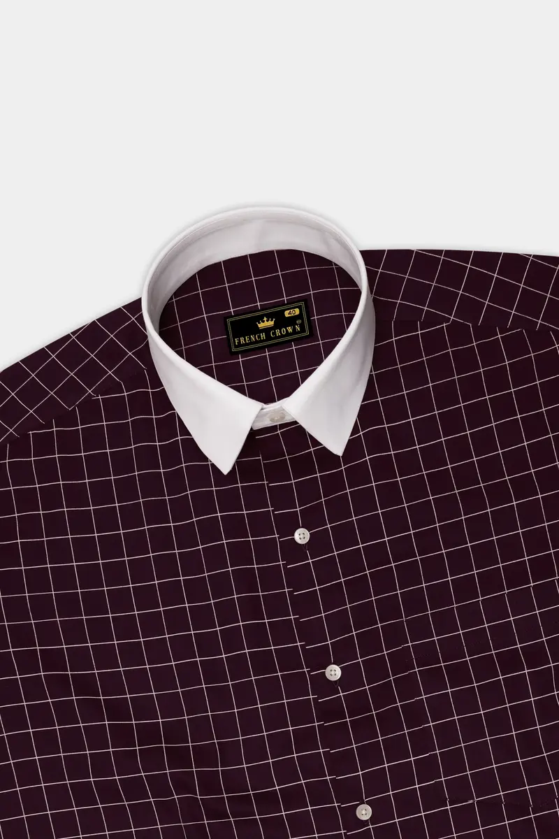 Garnet-Tamarind Maroon And Bright White Windowpane Subtle Sheen Super Soft Premium Cotton Dress White Cuff Collar Shirt 5
