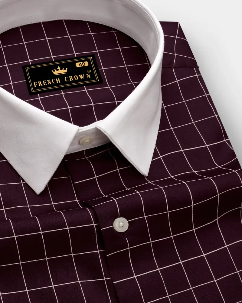 Garnet-Tamarind Maroon And Bright White Windowpane Subtle Sheen Super Soft Premium Cotton Dress White Cuff Collar Shirt 6