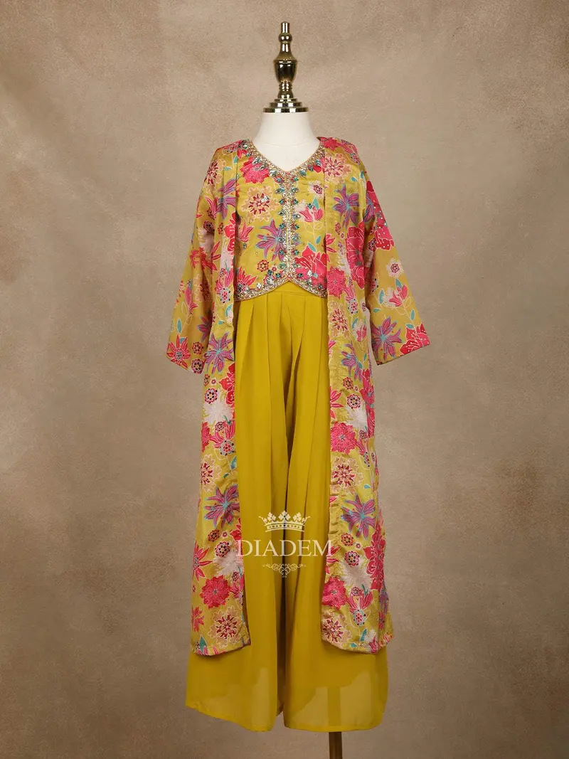 Gemon Green Floral Printed Georgette Party Wear Palazzo Suit For Girls 1