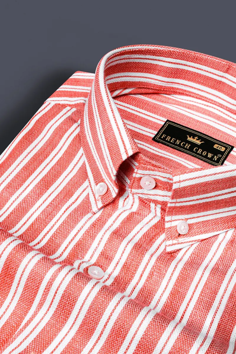 Geraldine Orange And White Striped Dobby Textured Premium Cotton Shirt 1