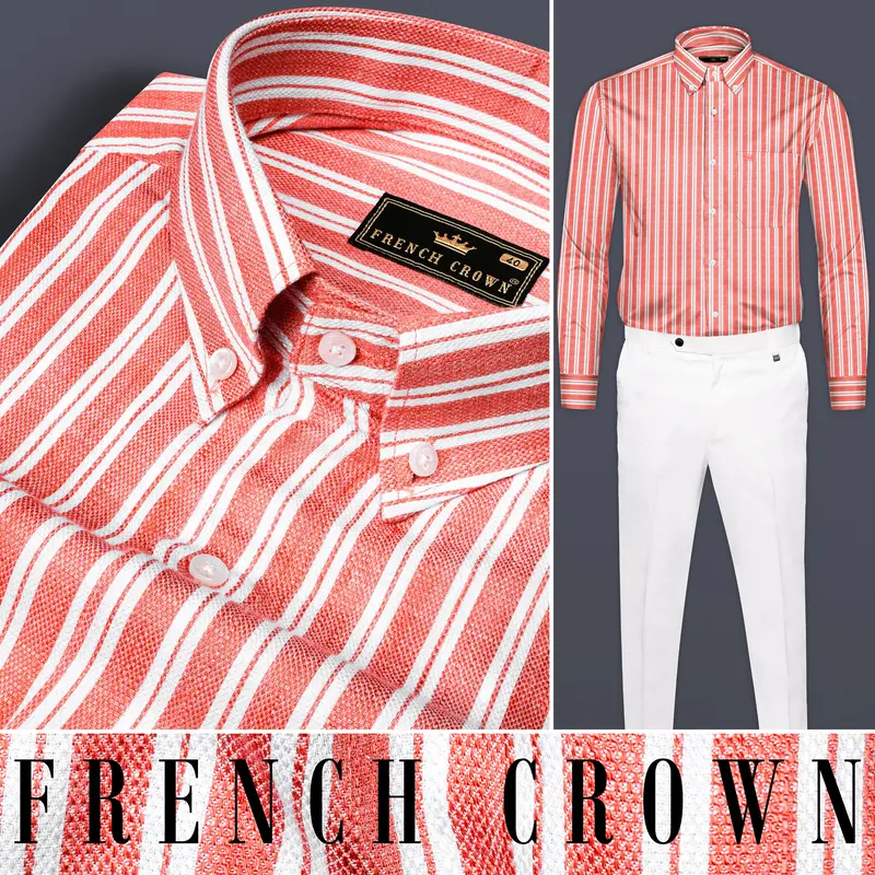 Geraldine Orange And White Striped Dobby Textured Premium Cotton Shirt 10