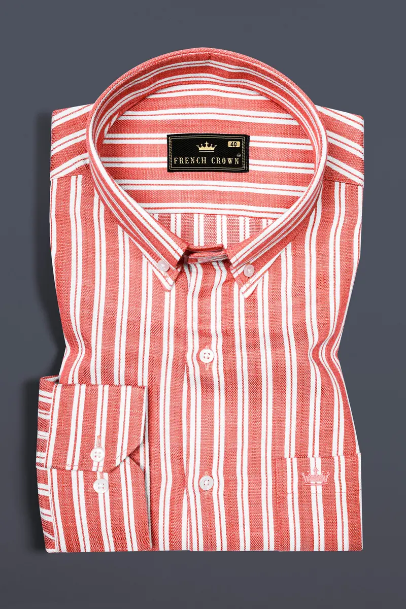 Geraldine Orange And White Striped Dobby Textured Premium Cotton Shirt 3