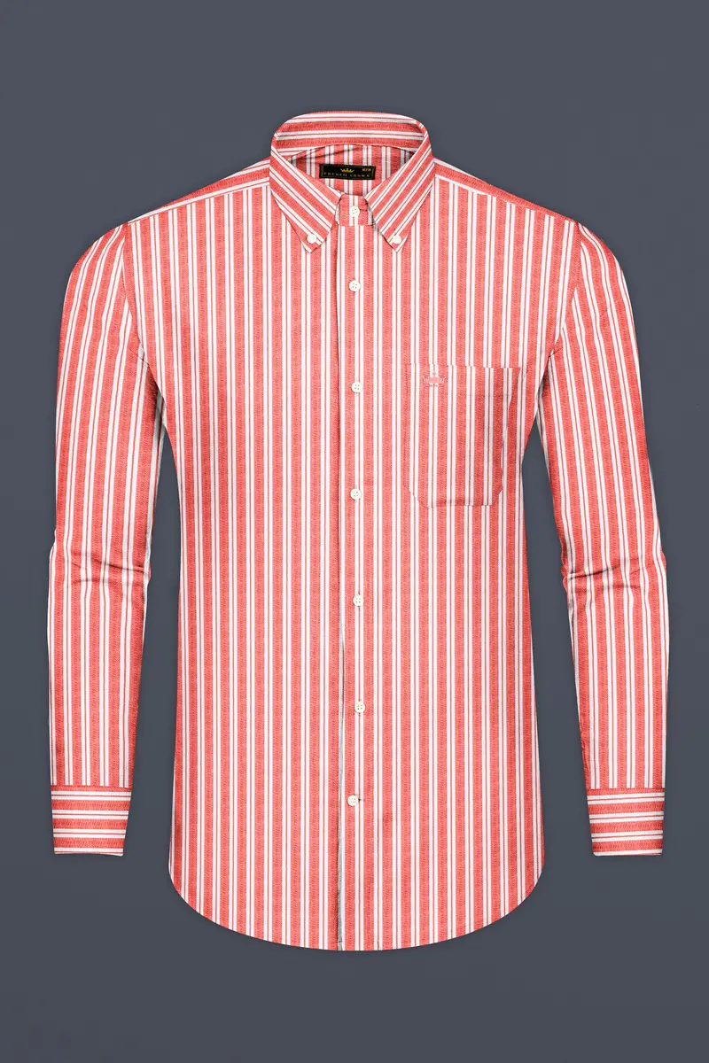 Geraldine Orange And White Striped Dobby Textured Premium Cotton Shirt 4