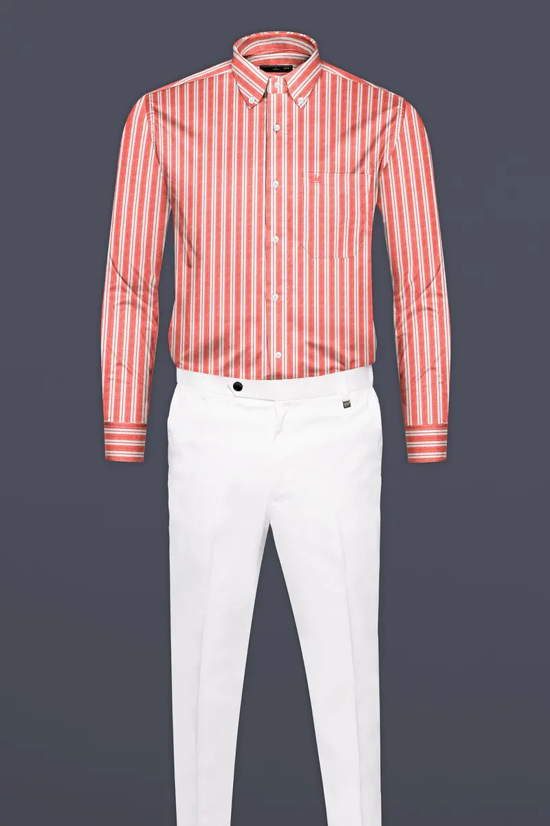 Geraldine Orange And White Striped Dobby Textured Premium Cotton Shirt 6