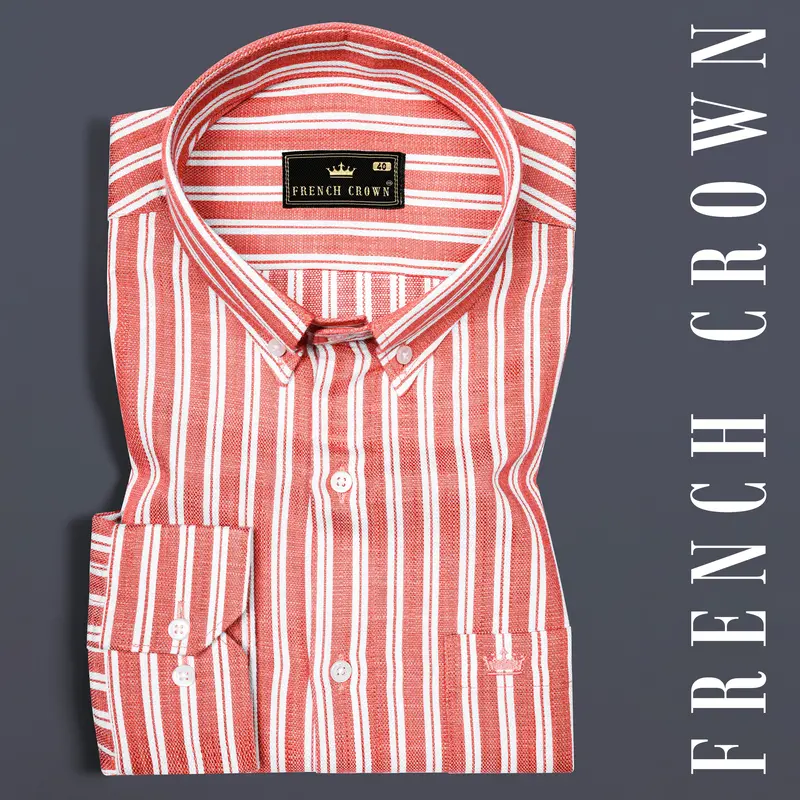 Geraldine Orange And White Striped Dobby Textured Premium Cotton Shirt 7
