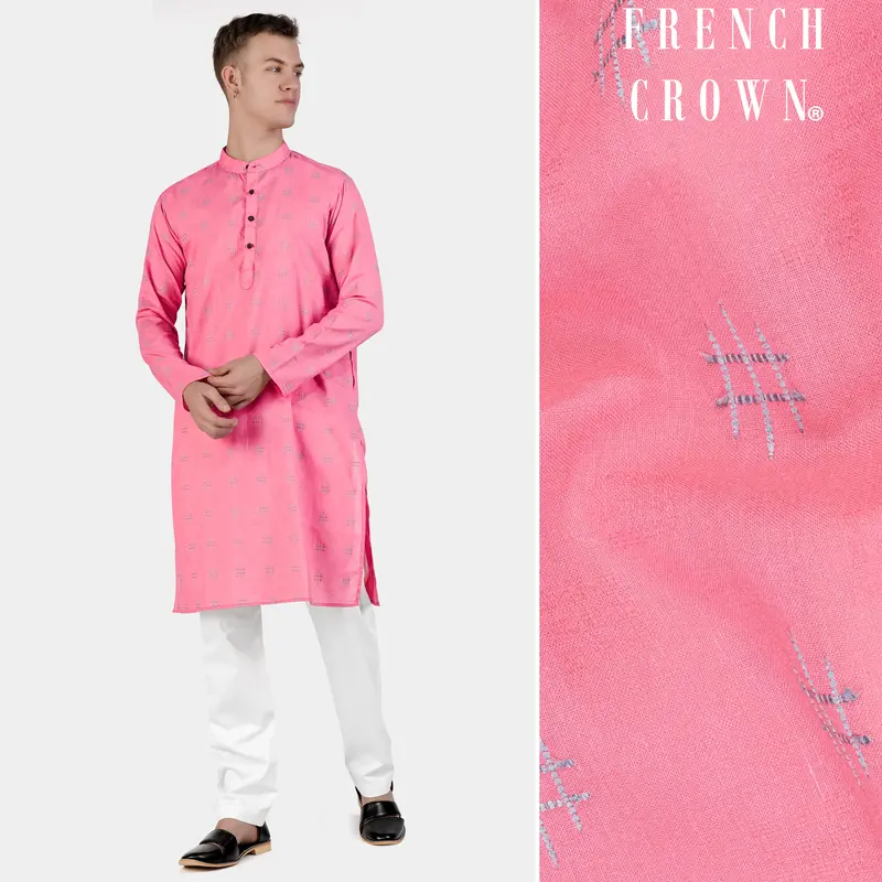 Geraldine Pink Dobby Textured Premium Giza Cotton Kurta Set 1