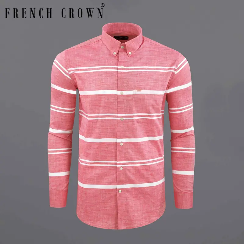 Geraldine Pink Striped Chambray Textured Premium Cotton Shirt 1