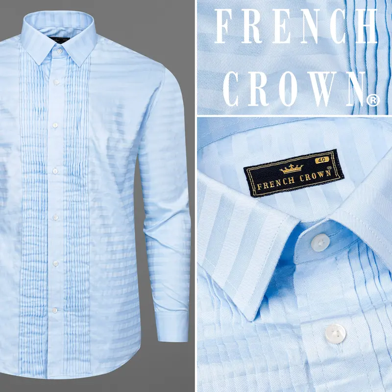 Geyser Blue Snake Pleated Dobby Textured Tuxedo Shirt 10