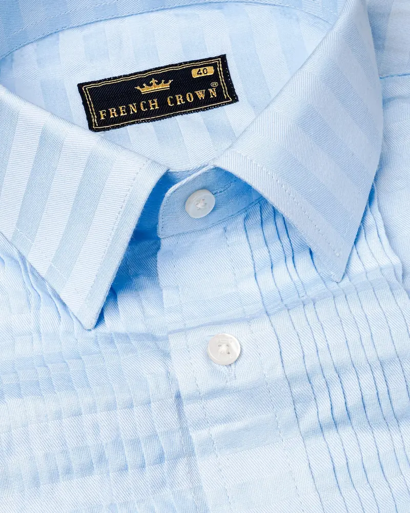 Geyser Blue Snake Pleated Dobby Textured Tuxedo Shirt 4