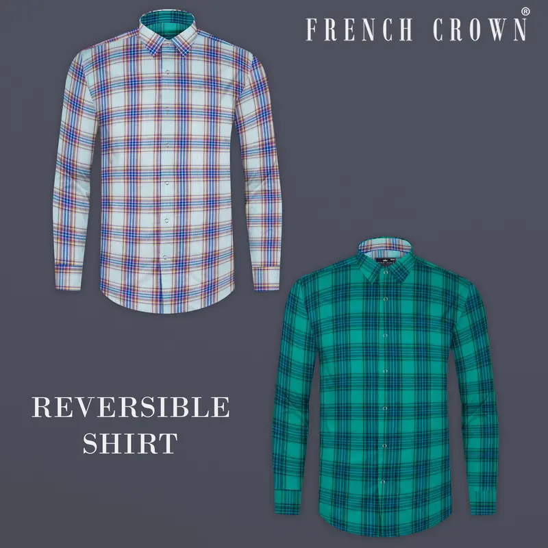 Geyser Gray Plaid And Ocean Green Plaid Herringbone Reversible Shirt 1