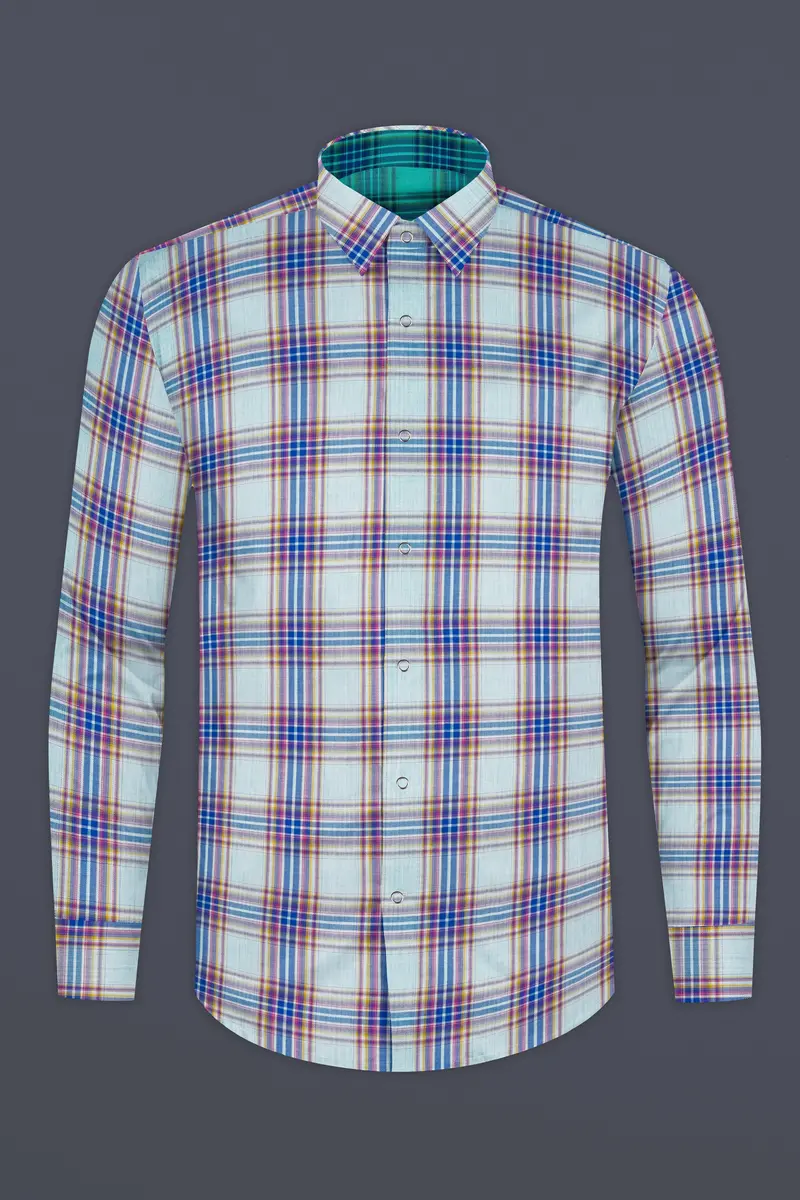 Geyser Gray Plaid And Ocean Green Plaid Herringbone Reversible Shirt 10