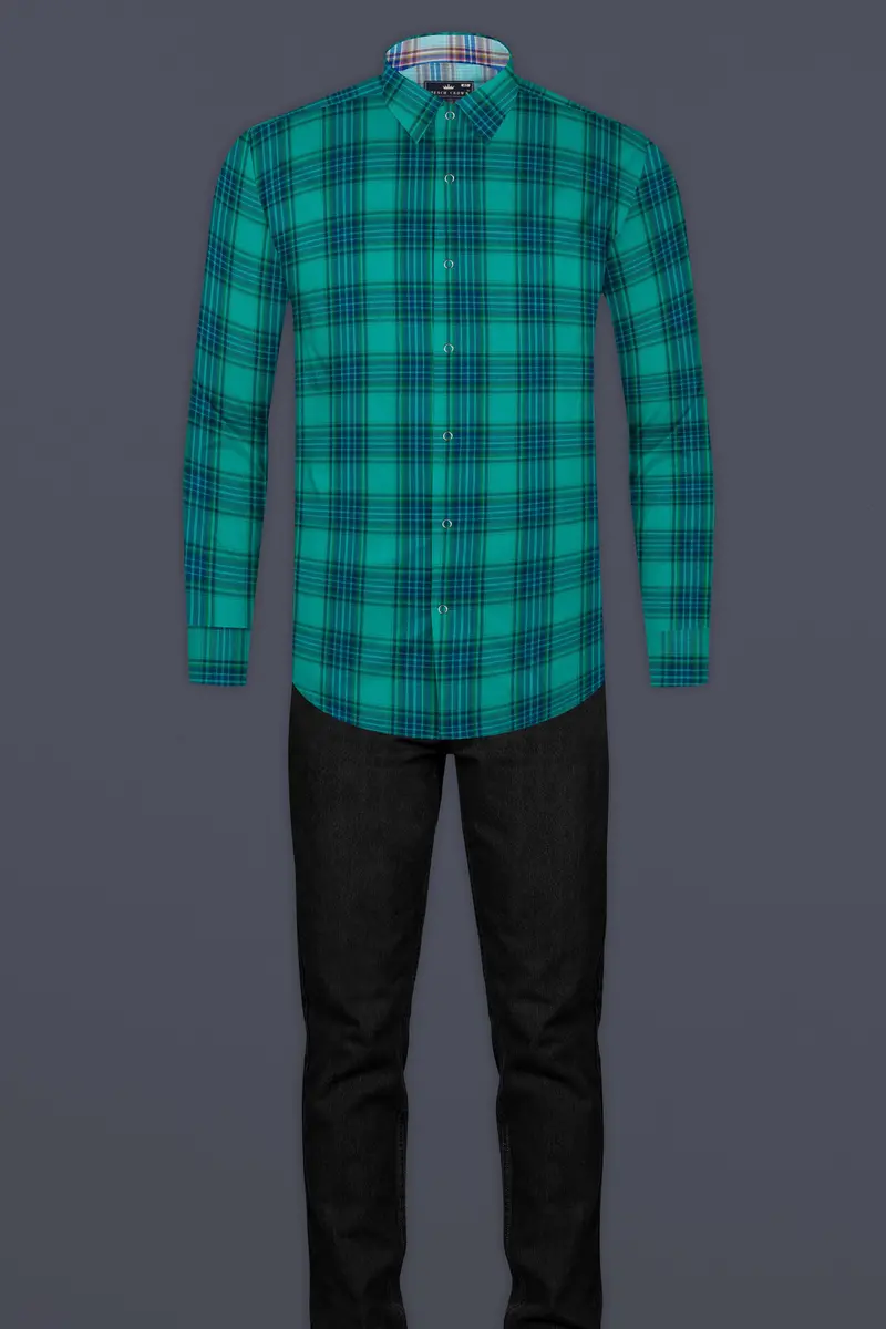 Geyser Gray Plaid And Ocean Green Plaid Herringbone Reversible Shirt 13