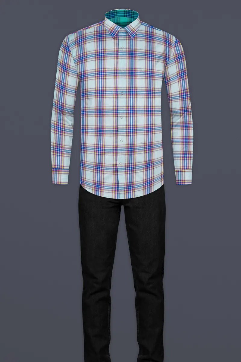 Geyser Gray Plaid And Ocean Green Plaid Herringbone Reversible Shirt 14