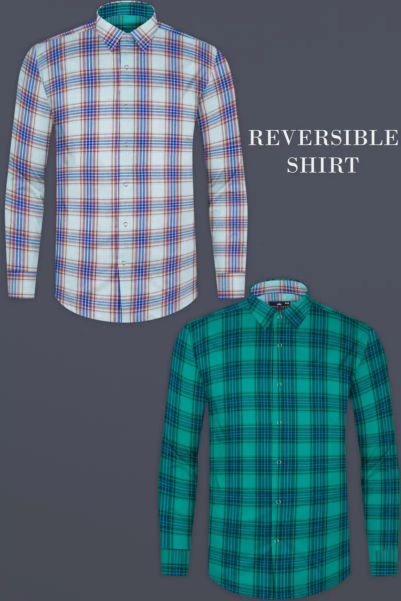 Geyser Gray Plaid And Ocean Green Plaid Herringbone Reversible Shirt 2