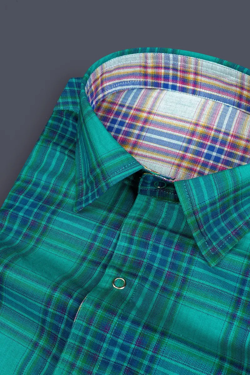 Geyser Gray Plaid And Ocean Green Plaid Herringbone Reversible Shirt 5