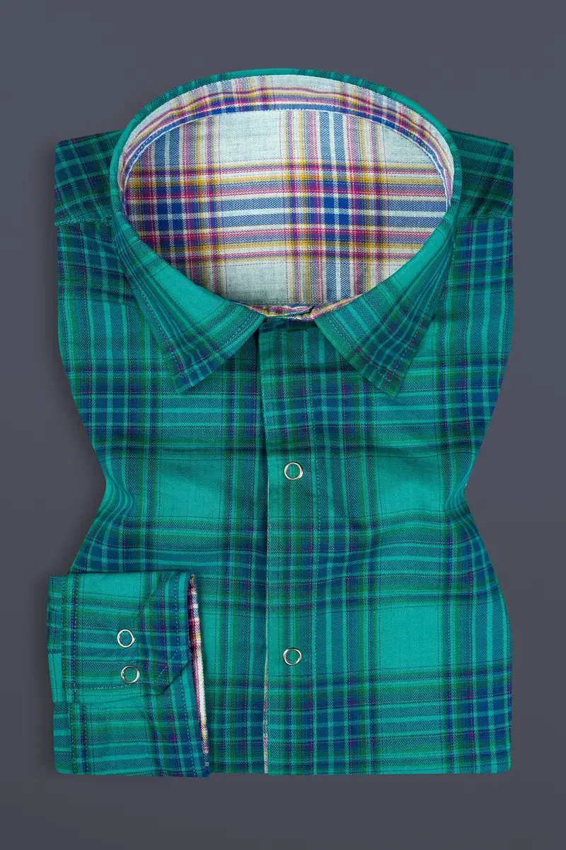 Geyser Gray Plaid And Ocean Green Plaid Herringbone Reversible Shirt 7